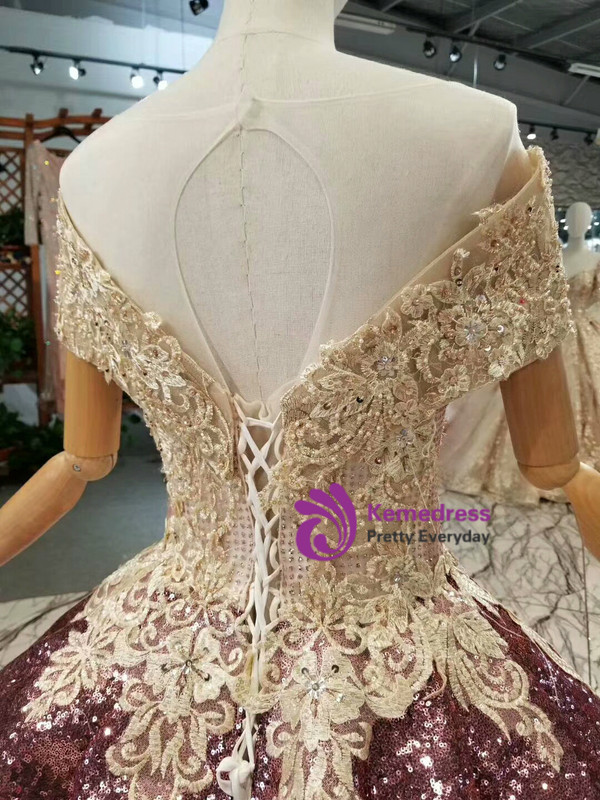 Pink Purple Ball Gown Sequins Appliques Off The Shoulder Wedding Dress