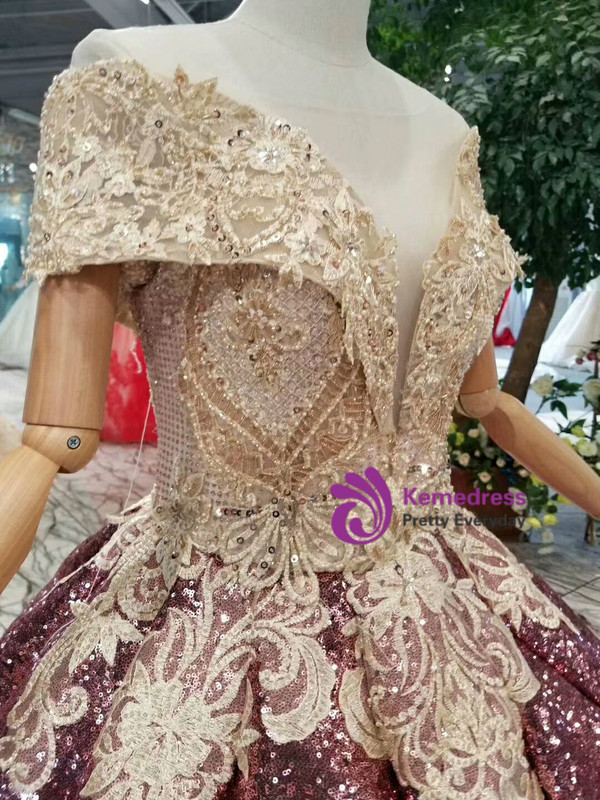 Pink Purple Ball Gown Sequins Appliques Off The Shoulder Wedding Dress