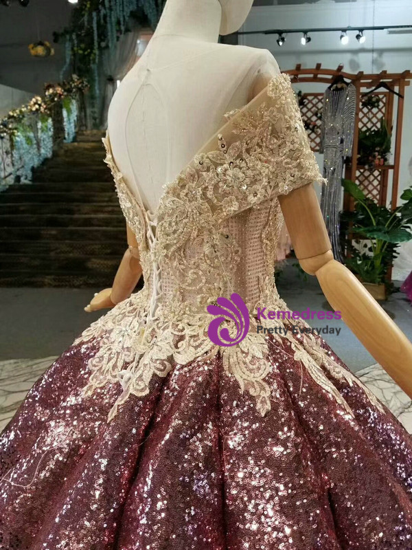 Pink Purple Ball Gown Sequins Appliques Off The Shoulder Wedding Dress