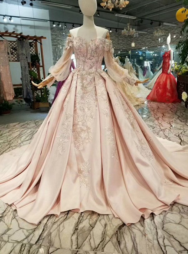 Pink Ball Gown Satin Appliques off The Shoulder Wedding Dress