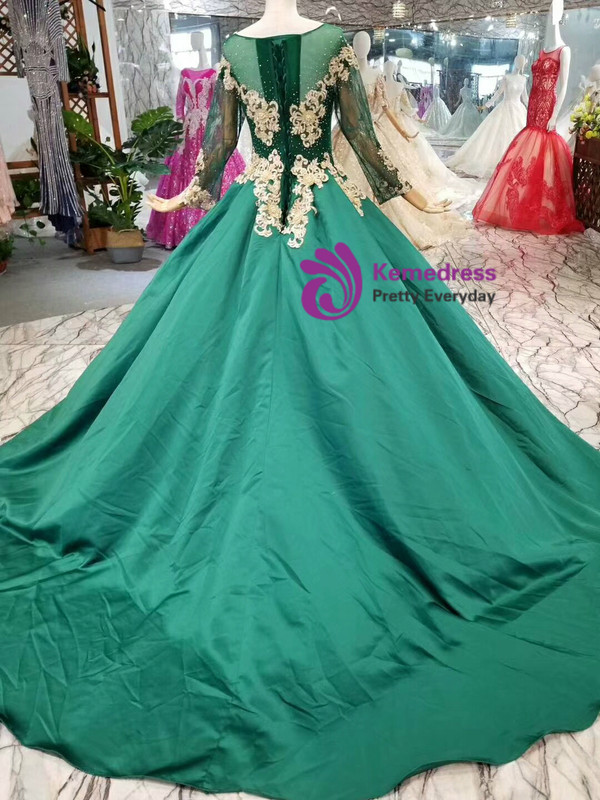 Green Ball Gown Satin Appliques Long Sleeve Wedding Dress With Beading