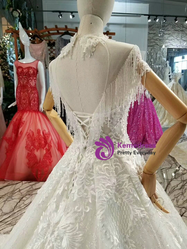 Ball Gown Tulle Lace Applique Sequins High Neck Cap Sleeve Wedding Dress With Beading