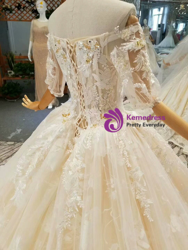 Champagne Ball Gown Tulle Lace Short Sleeve Off The Shoulder Wedding Dress