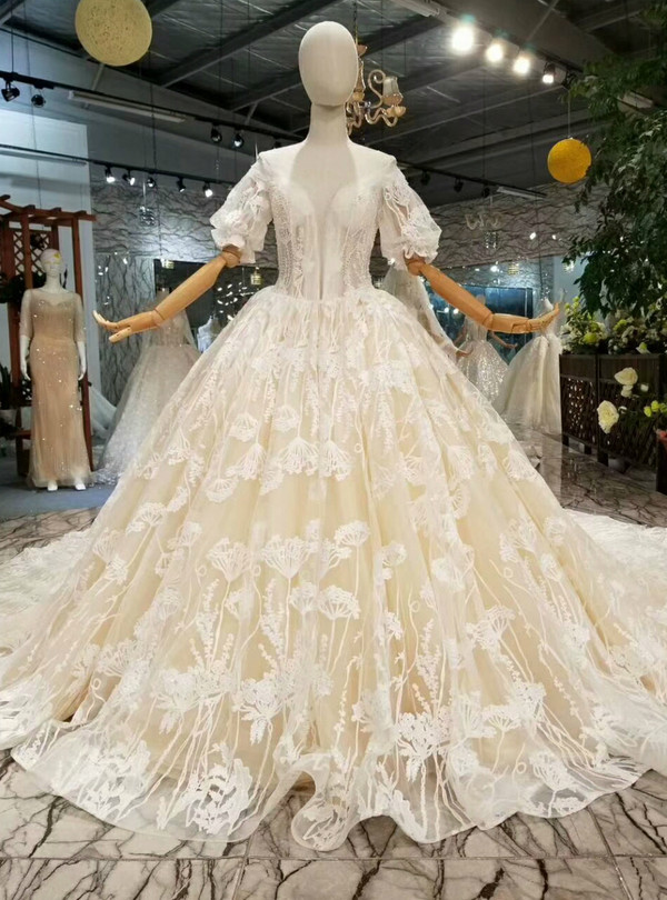 Champagne Ball Gown Tulle Lace Bateau Puff Sleeve Wedding Dress With Long Train