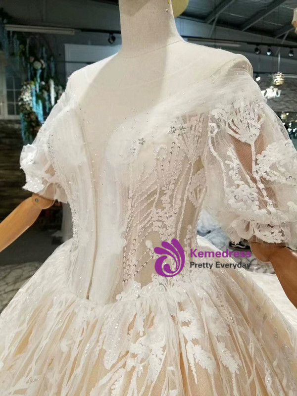 Champagne Ball Gown Tulle Lace Bateau Puff Sleeve Wedding Dress With Long Train