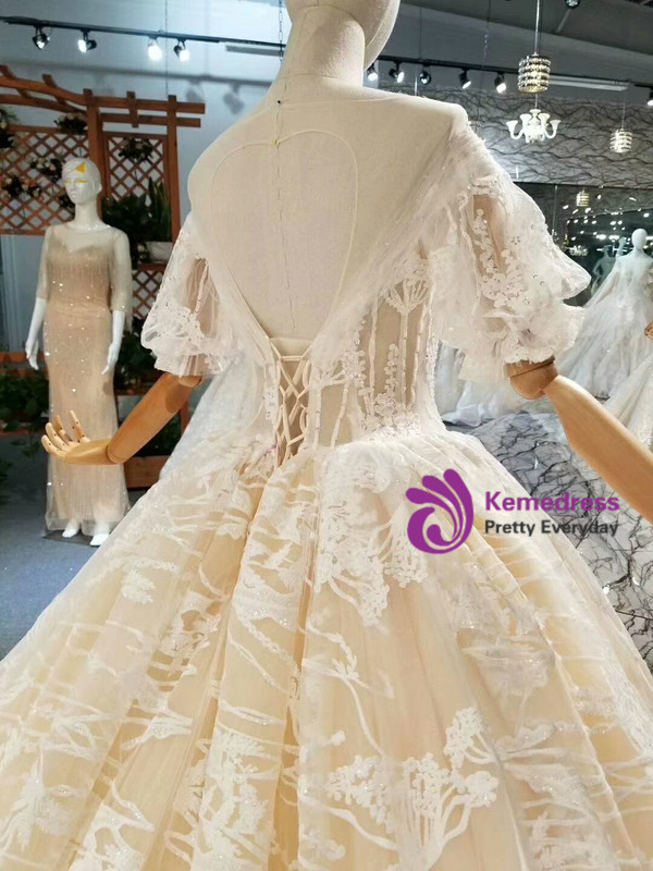 Champagne Ball Gown Tulle Lace Bateau Puff Sleeve Wedding Dress With Long Train