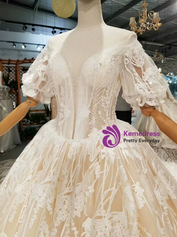 Champagne Ball Gown Tulle Lace Bateau Puff Sleeve Wedding Dress With Long Train