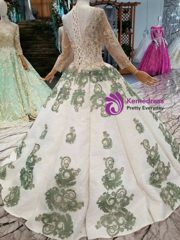 Champagne And Green Appliques Long Sleeve Beading Floor Length Wedding Dress