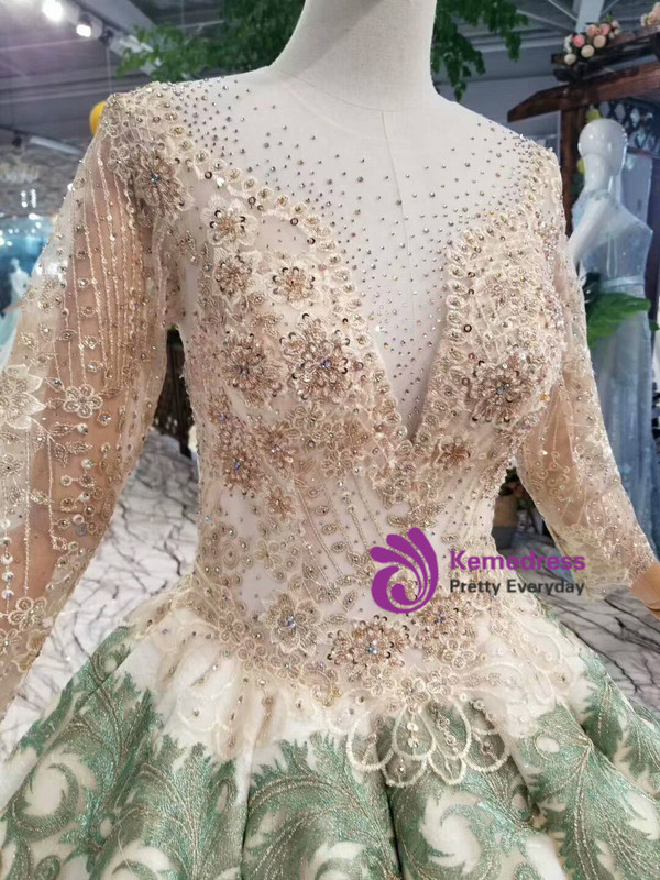 Champagne And Green Appliques Long Sleeve Beading Floor Length Wedding Dress