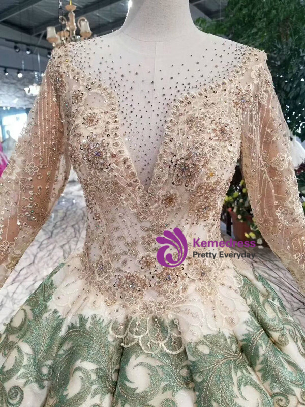 Champagne And Green Appliques Long Sleeve Beading Floor Length Wedding Dress