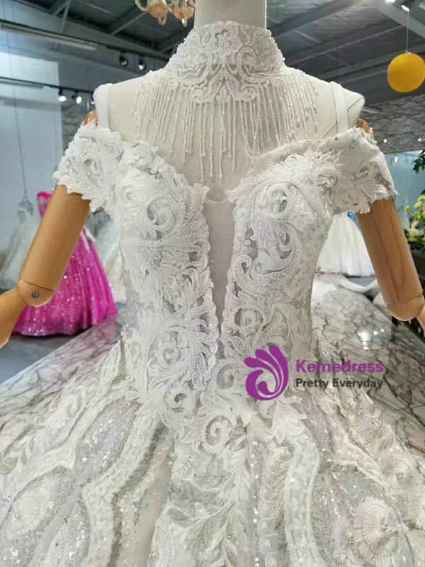 Ball Gown Sequins Appliques Off The Shoulder Wedding Dress With Train