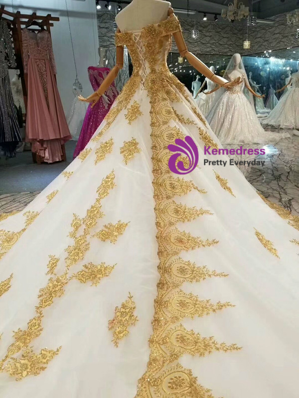 Ball Gown Tulle Gold Lace Appliques Off The Shulder Wedding Dress With Train