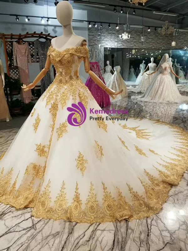 Ball Gown Tulle Gold Lace Appliques Off The Shulder Wedding Dress With Train