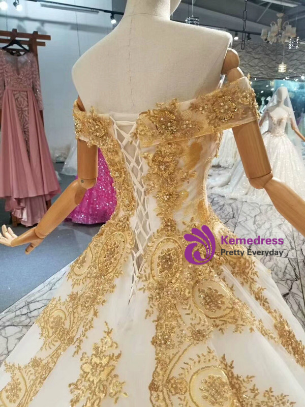 Ball Gown Tulle Gold Lace Appliques Off The Shulder Wedding Dress With Train