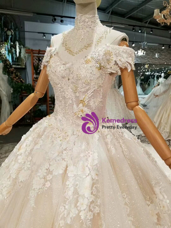 Champagne Ball Gown Tulle Appliques Off The Shoulder Wedding Dress With Train