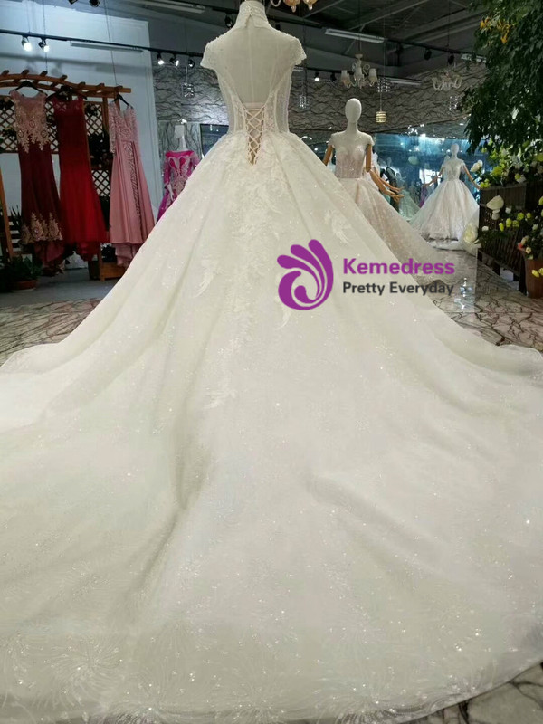 Ball Gown Tulle Sequins High Neck Backless Cap Sleeve Wedding Dress