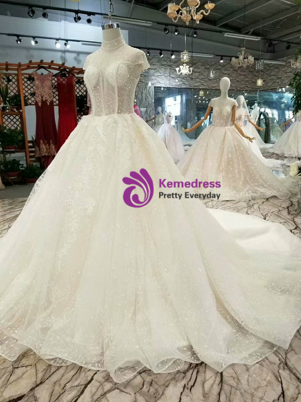 Ball Gown Tulle Sequins High Neck Backless Cap Sleeve Wedding Dress