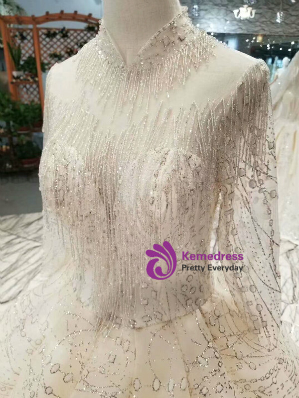 Champagne Tulle Sequins Bling Bling High Neck Long Sleeve Wedding Dress With Beading