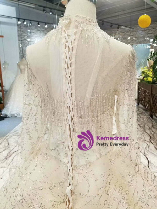 Champagne Tulle Sequins Bling Bling High Neck Long Sleeve Wedding Dress With Beading