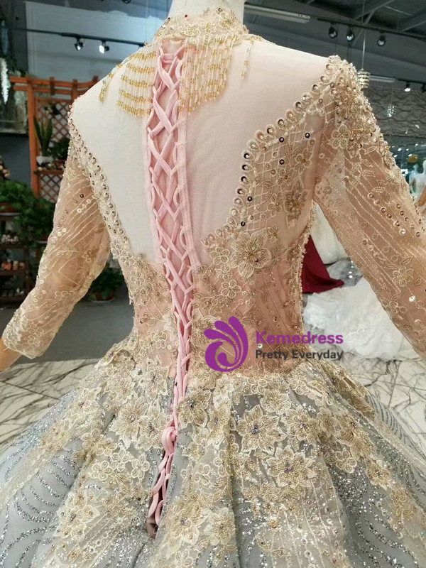 Silver Gray Sequins Ball Gown High Neck Long Sleeve Wedding Dress With Beading