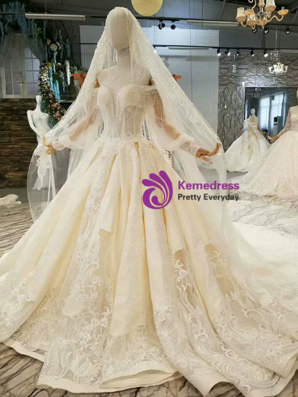 Champagne Ball Gown Satin Lace Appliques Off The Shoulder Wedding Dress With Beading