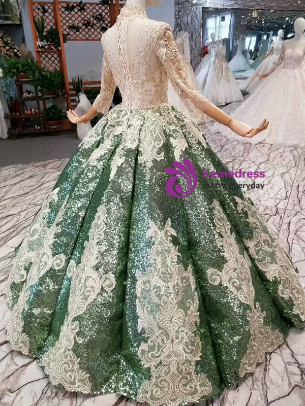 Green Ball Gown Sequins Appliques High Neck Long Sleeve Wedding Dress