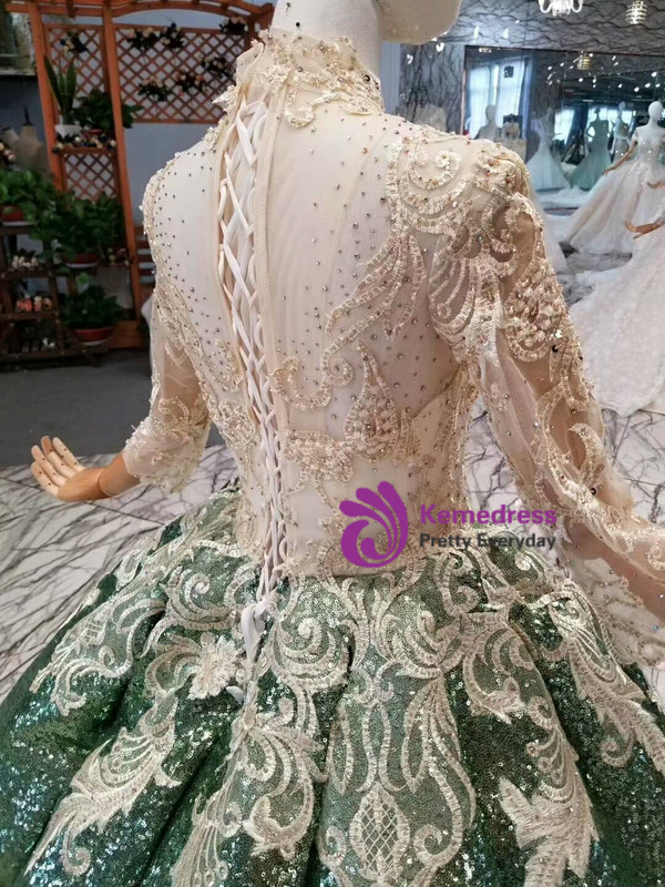Green Ball Gown Sequins Appliques High Neck Long Sleeve Wedding Dress