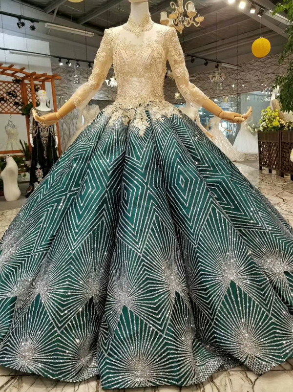Green Ball Gown Sequins Bling Bling High Neck Long Sleeve Appliques Weddign Dress