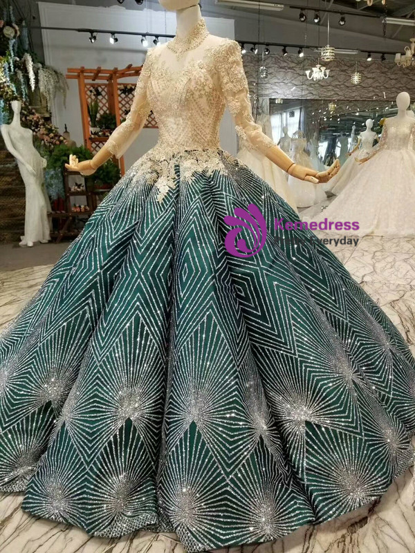 Green Ball Gown Sequins Bling Bling High Neck Long Sleeve Appliques Weddign Dress