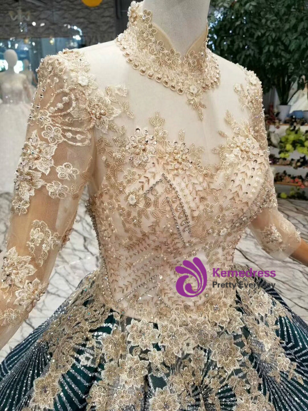 Green Ball Gown Sequins Bling Bling High Neck Long Sleeve Appliques Weddign Dress