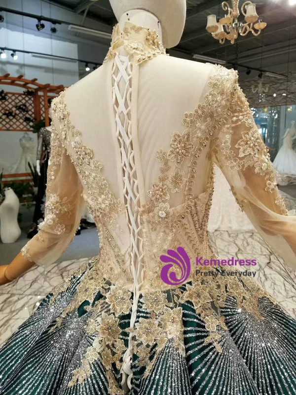 Green Ball Gown Sequins Bling Bling High Neck Long Sleeve Appliques Weddign Dress