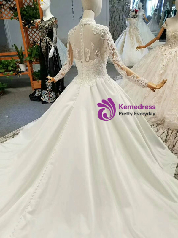 Ball Gown Satin Lace Appliques Long Sleeve High Neck Wedding Dress With Train