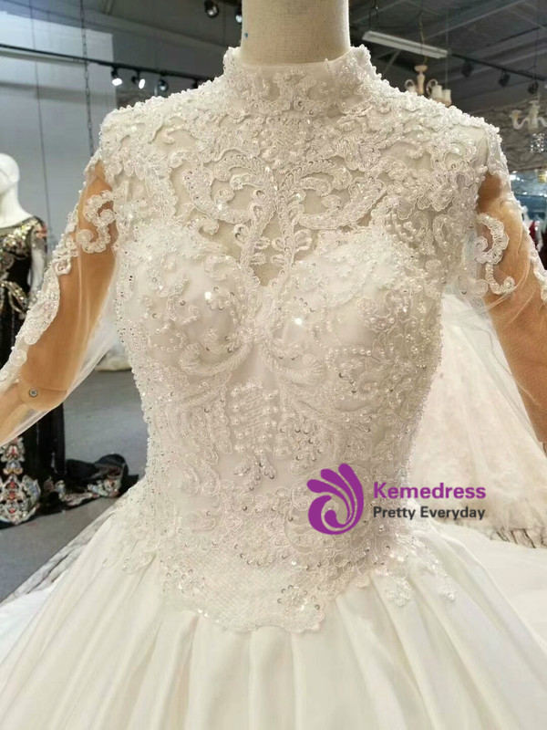 Ball Gown Satin Lace Appliques Long Sleeve High Neck Wedding Dress With Train