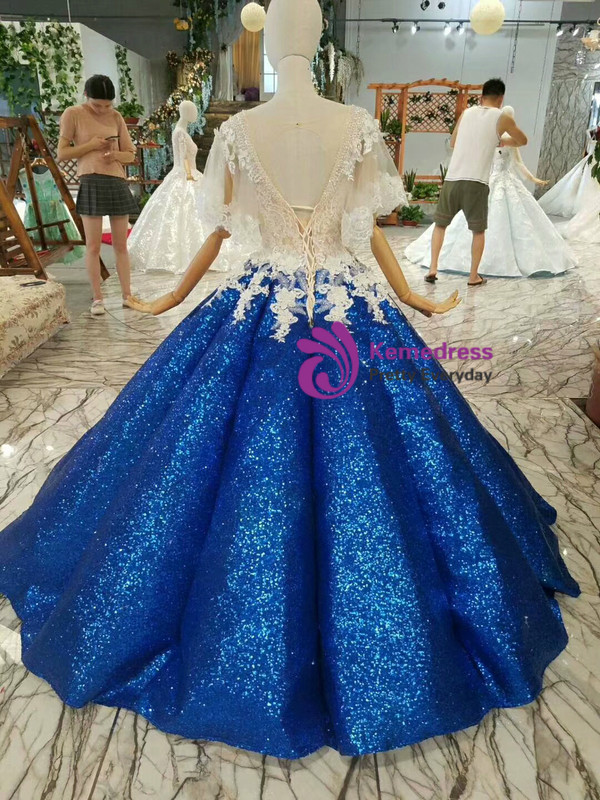 Royal Blue Ball Gown Sequins Appliques V-neck Short SLeeve Wedding Dress