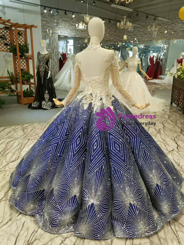 Blue Ball Gown Sequins Bling Bling Appliques Square Long Sleeve Wedding Dress