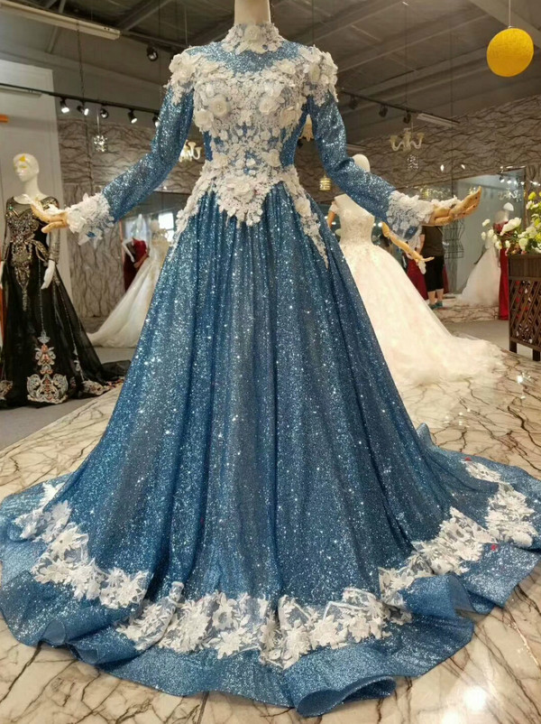 Blue Sequins Bling Bling White Appliques High Neck Long Sleeve Wedding Dress