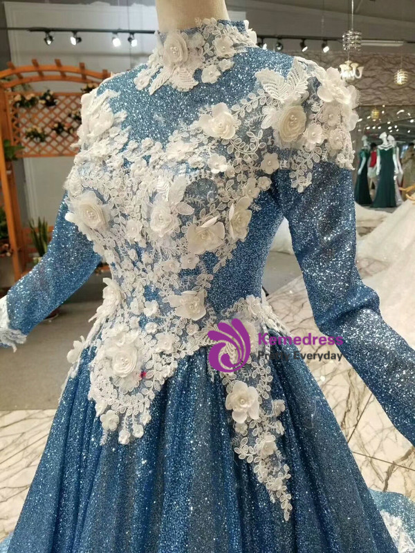 Blue Sequins Bling Bling White Appliques High Neck Long Sleeve Wedding Dress