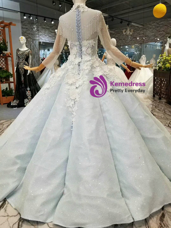Light Blue Ball Gown Sequins Bling Bling High Neck Long Sleeve Appliques Wedding Dress