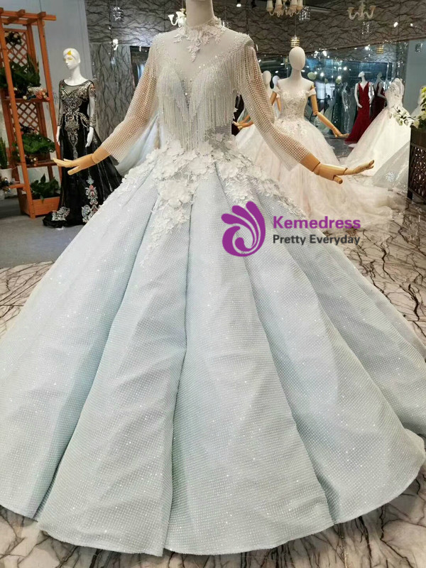 Light Blue Ball Gown Sequins Bling Bling High Neck Long Sleeve Appliques Wedding Dress