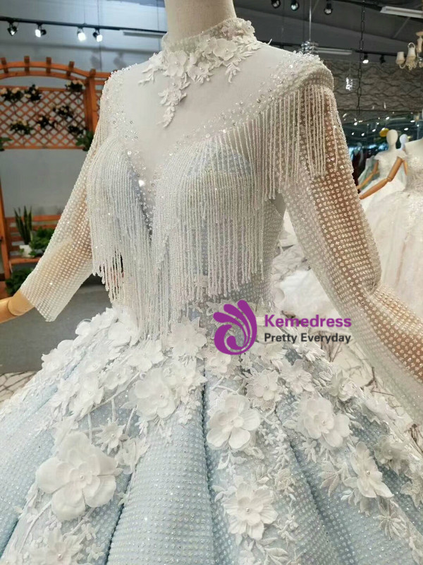 Light Blue Ball Gown Sequins Bling Bling High Neck Long Sleeve Appliques Wedding Dress