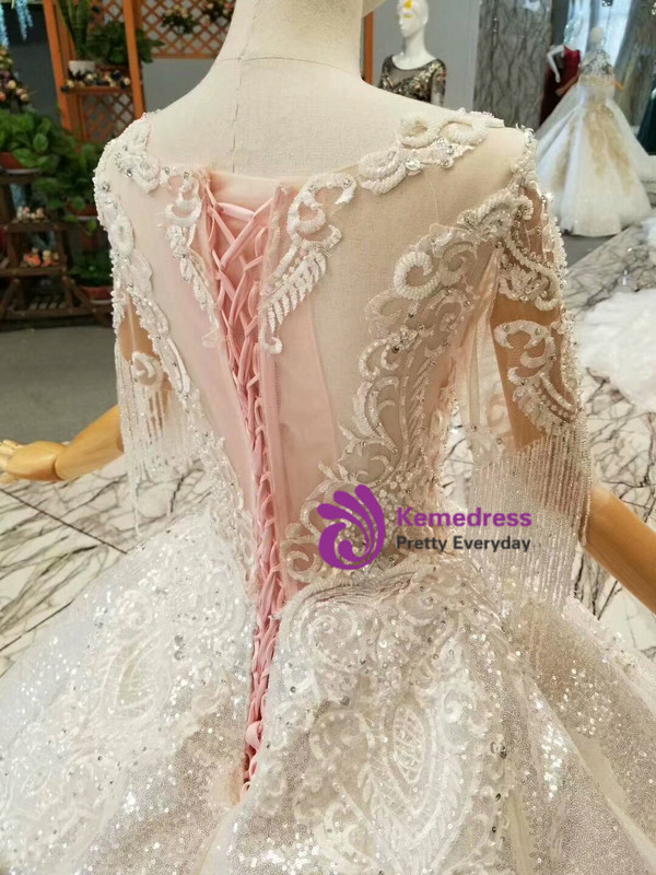 Ball Gown Sequins Applqiues Short Sleeve Beading Floor Length Wedding Dress