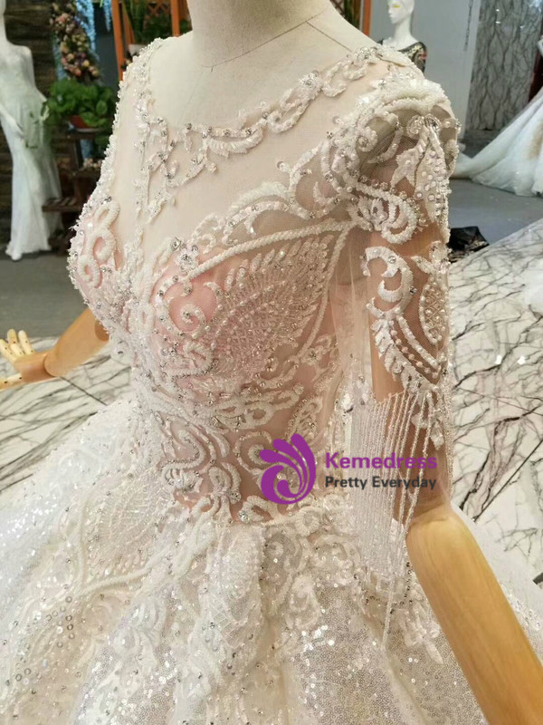 Ball Gown Sequins Applqiues Short Sleeve Beading Floor Length Wedding Dress