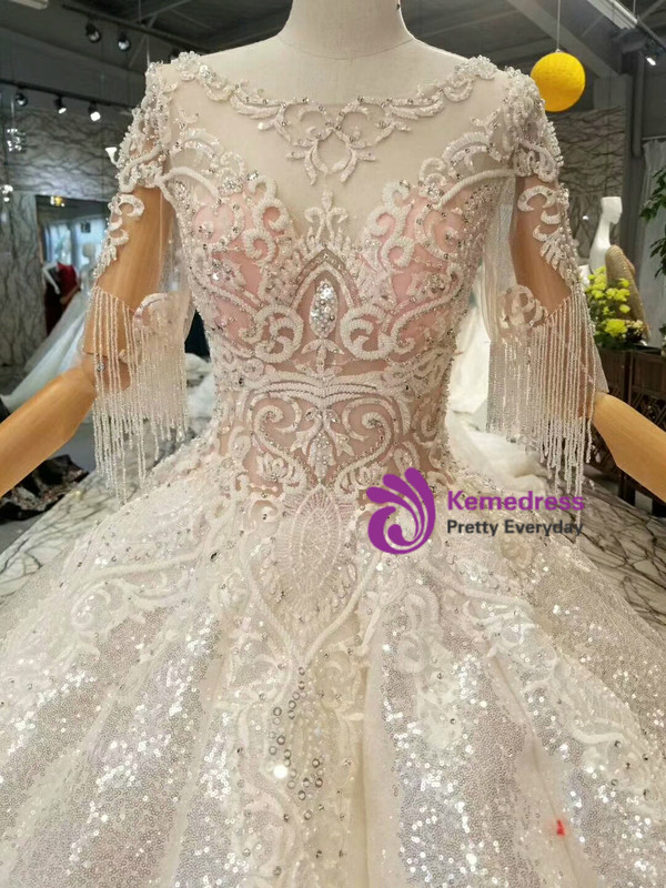 Ball Gown Sequins Applqiues Short Sleeve Beading Floor Length Wedding Dress