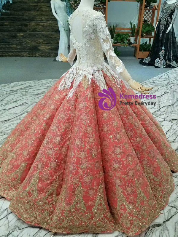 Ball Gown Sequins Appliques Long SLeeve Backless Floor Length Wedding Dress