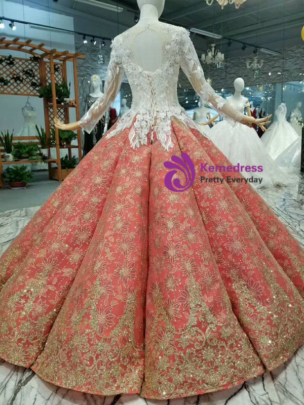 Ball Gown Sequins Appliques Long SLeeve Backless Floor Length Wedding Dress