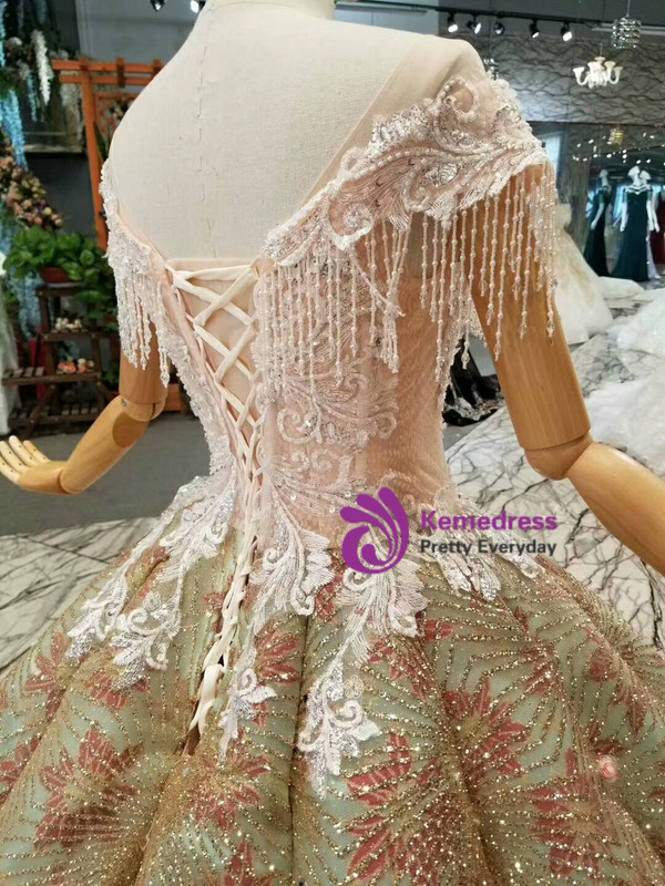 Champagne Ball Gown Sequins Bling Bling Bateau Cap Sleeve Beading Wedding Dress