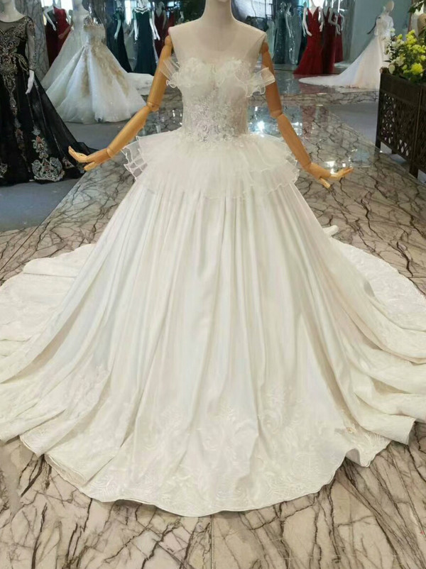 Simple Ball Gown Satin Appliques Strapless Wedding Dress