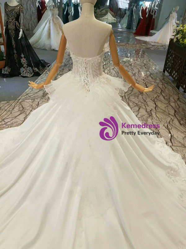 Simple Ball Gown Satin Appliques Strapless Wedding Dress