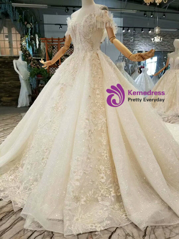 Champagne Tulle Sequins Lace Appliques Off The Shoulder Wedding Dress