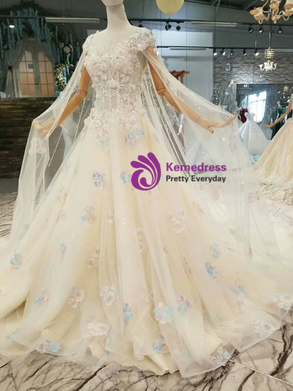 Champagne Ball Gown Tulle Appliques Cap Sleeve Backless Wedding Dress